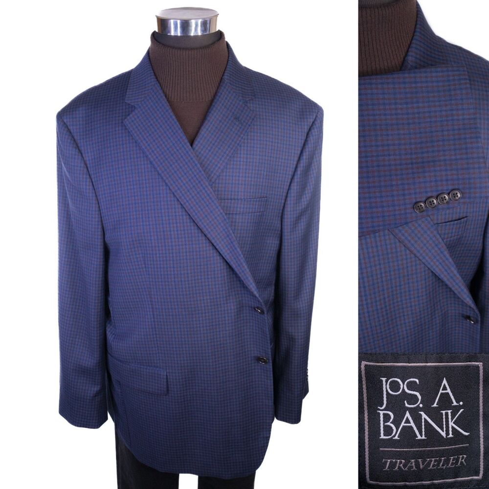Jos A Bank TRAVELER Blazer Sport Coat Sz 54R Blue Check Wool 2-Button Jacket EUC